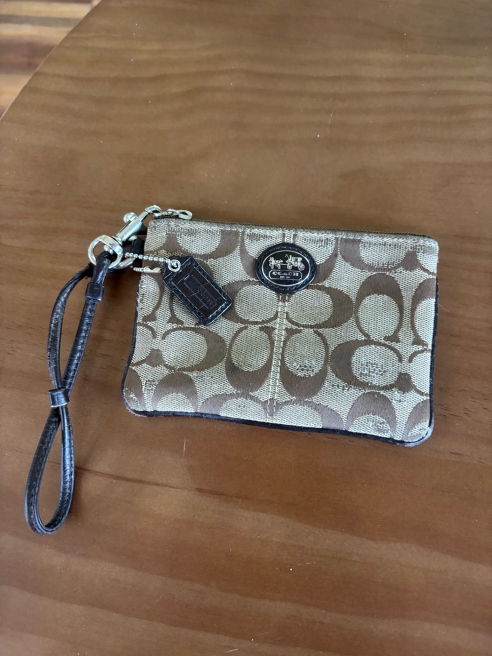 READ Coach LOGO Canvas Wristlet Purse Brown Beige Background w Zipper